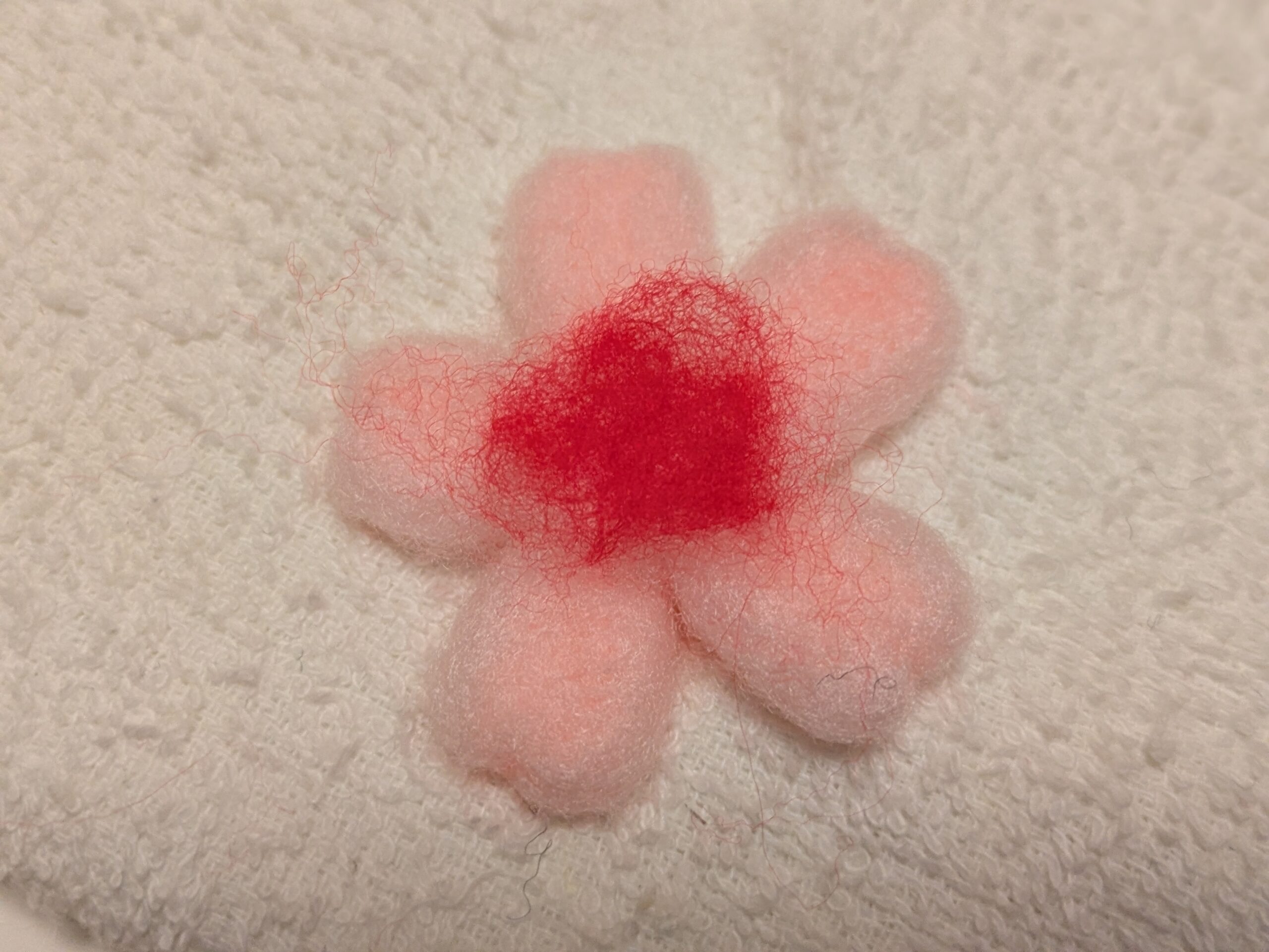 羊毛フェルト 桜 中心 赤い羊毛 星形 刺し方